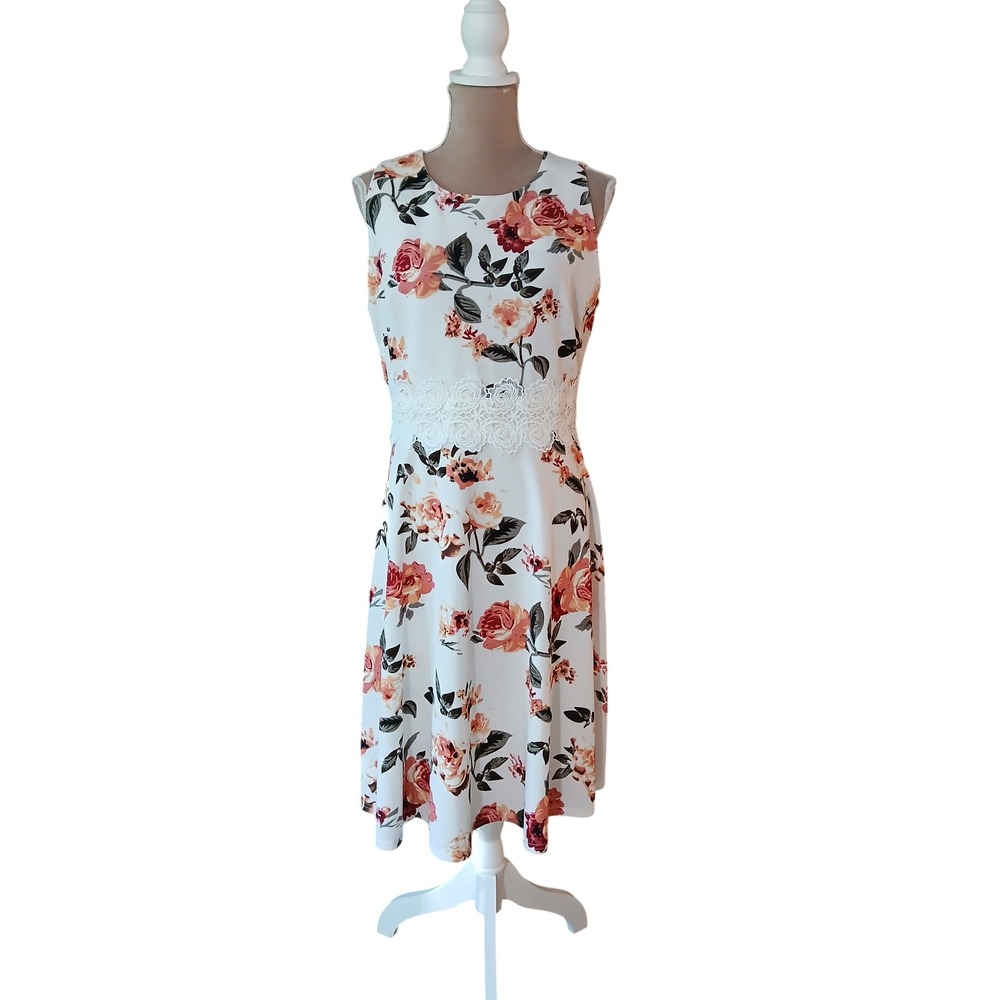 HOMEYEE sz 12 Women Floral Lace Waist Sleeveless A-Line Dress White Orange New